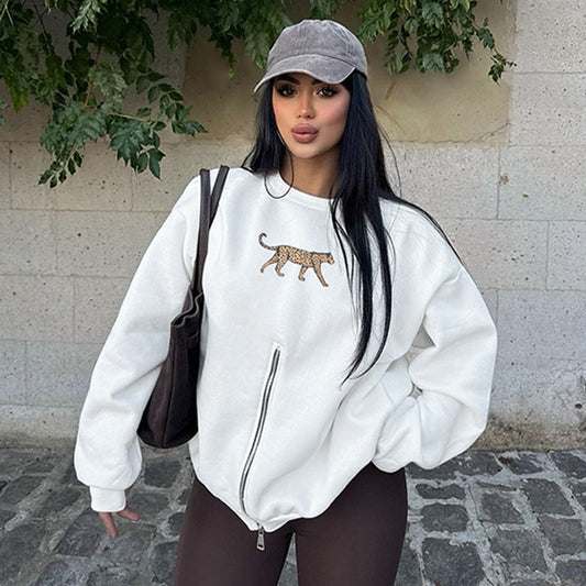 Women Clothing Winter round Neck Zipper Leopard Print Long Sleeve Loose Fitting Casual Pullover Coat