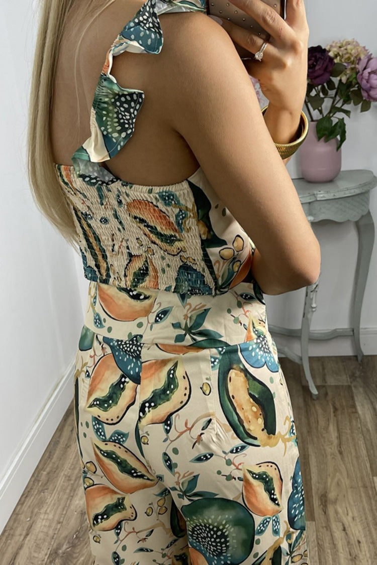 Women Printed Casual Sling Top Trousers Two Piece Set
