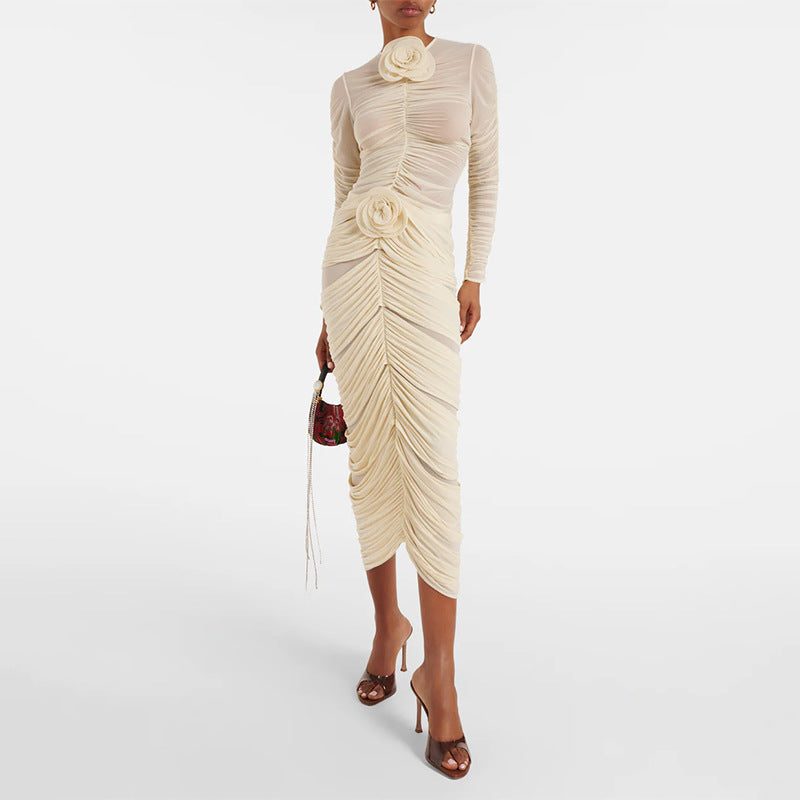 Autumn Pleating Three Dimensional Floral Top Sheath Skirt Two Piece Sets Women