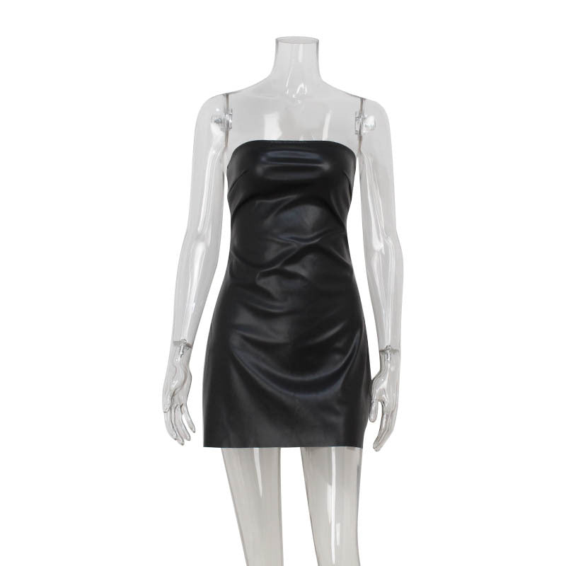 Women Clothing Tight Sexy Tube Top Cinched Waist Sheath Dress Leather Sexy Red Carpet Cocktail Dress