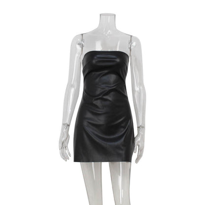Women Clothing Tight Sexy Tube Top Cinched Waist Sheath Dress Leather Sexy Red Carpet Cocktail Dress