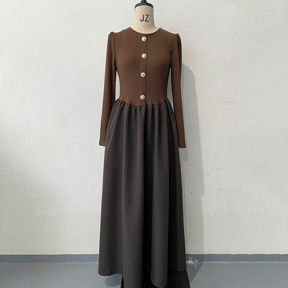 Autumn Women Clothing Color Contrast Stitching Design Long Sleeve Dress