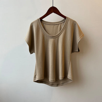 Three Dimensional Simple U Neck Short Sleeved T shirt for Women Summer Slimming Wide Sleeved Top