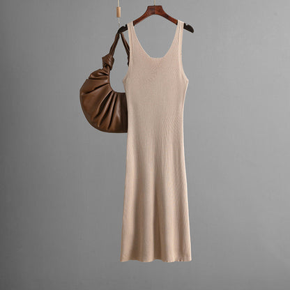 Sexy Knitted Sling Dress Summer Solid Color Back Slit Sheath Maxi Dress