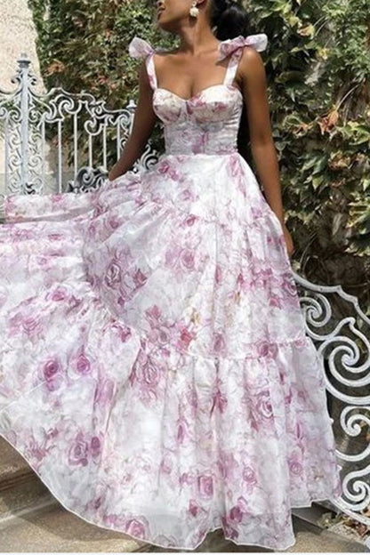 Fairytale Itself Organza Floral Print Tie Strap Maxi Dress