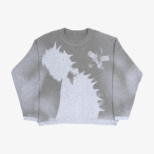 Grunge Skull Printed Crewneck Slouchy Knit Sweater