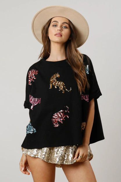 Spring Summer Tiger Sequined Top Casual Loose Fitting T shirt Women