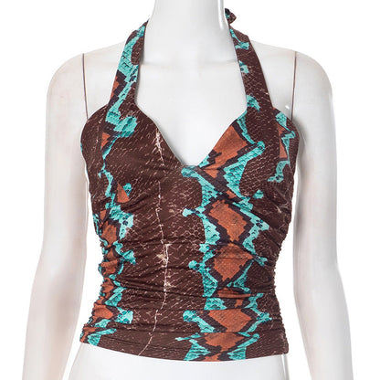 Women Clothing Autumn Winter Halter Lace up Hollow Out Cutout Backless Tube Top Pattern Printed Top T shirt