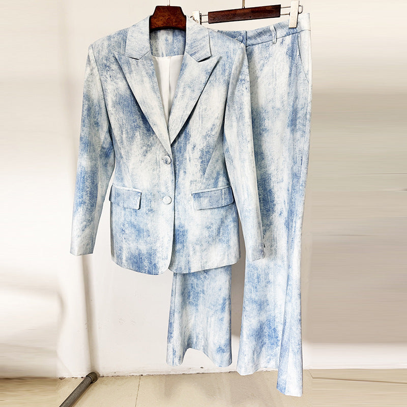 Spring Tie Dyed Printed Slim Fit Mid Length Blazer Trousers Two Piece Set