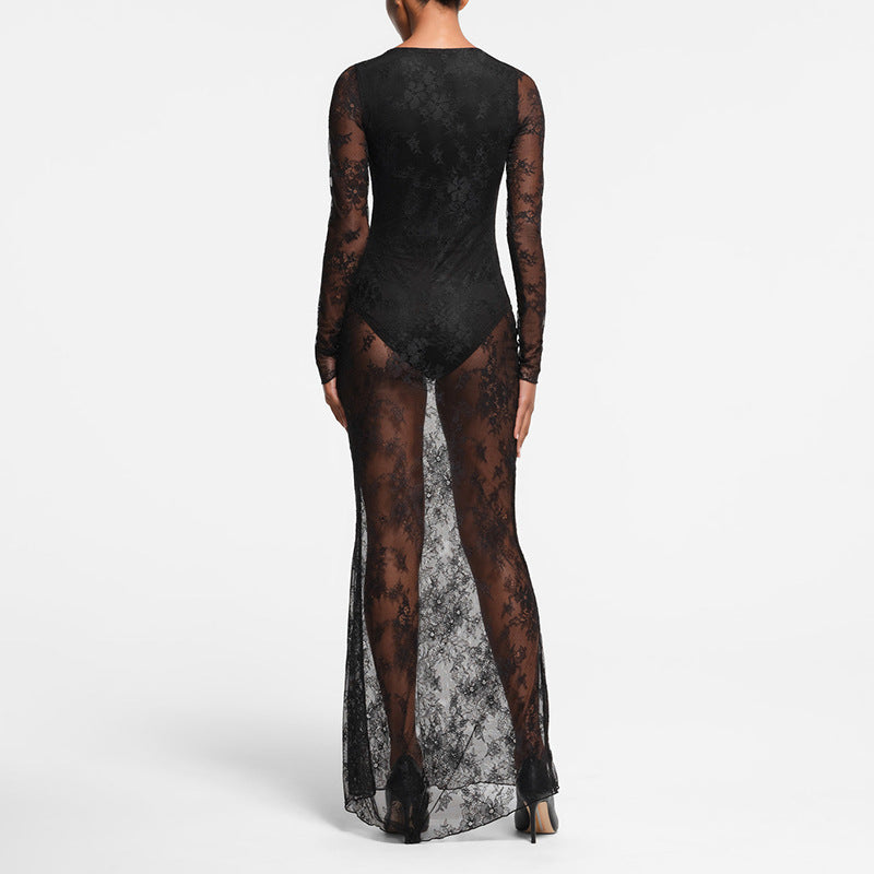 Women Clothing Deep V Plunge Lace Stitching Lining Base Sexy Dress