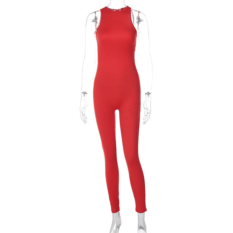 Spring Women Clothing Solid Color Sexy Backless Metal Buckle Sports Yoga Jumpsuit