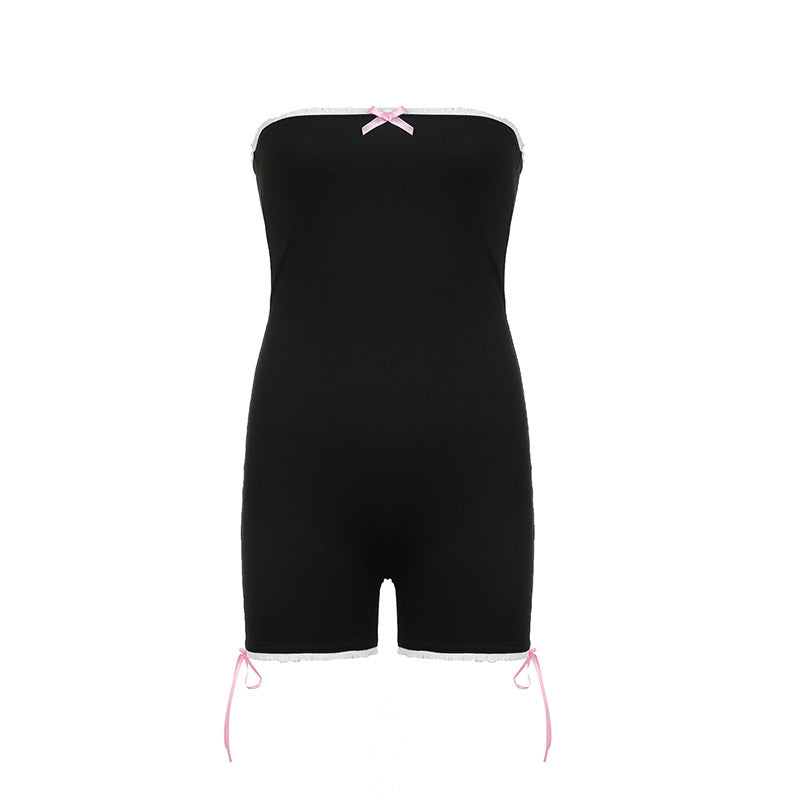 Summer Simplicity Bow Girl Lace Stitching Sexy Tube Top Jumpsuit Shorts