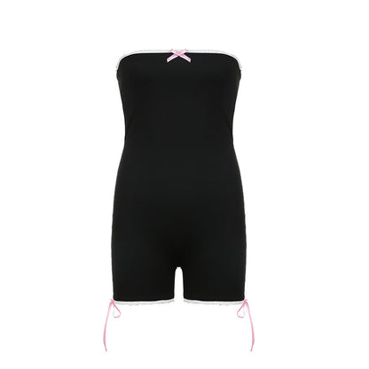 Summer Simplicity Bow Girl Lace Stitching Sexy Tube Top Jumpsuit Shorts