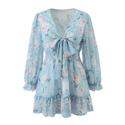 Winter Bow Tied Elastic Waist Laminated Ruffled Printed Dress
