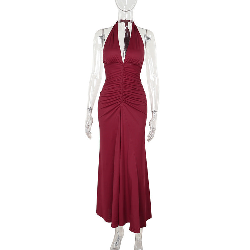Autumn Elegant Slim Fit V neck Halter Pleated Slimming Foundation Dress