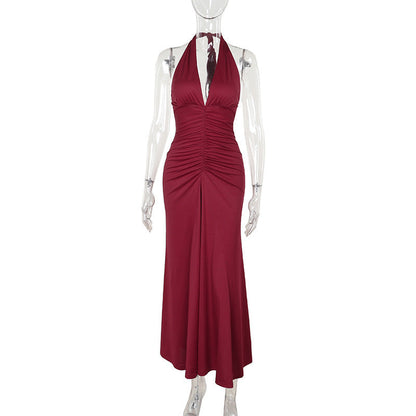 Autumn Elegant Slim Fit V neck Halter Pleated Slimming Foundation Dress