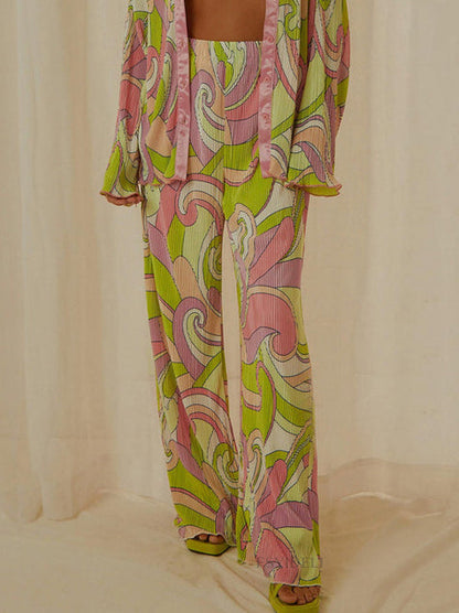 Unique Painted Print Pleated Loose Wide-leg Pants