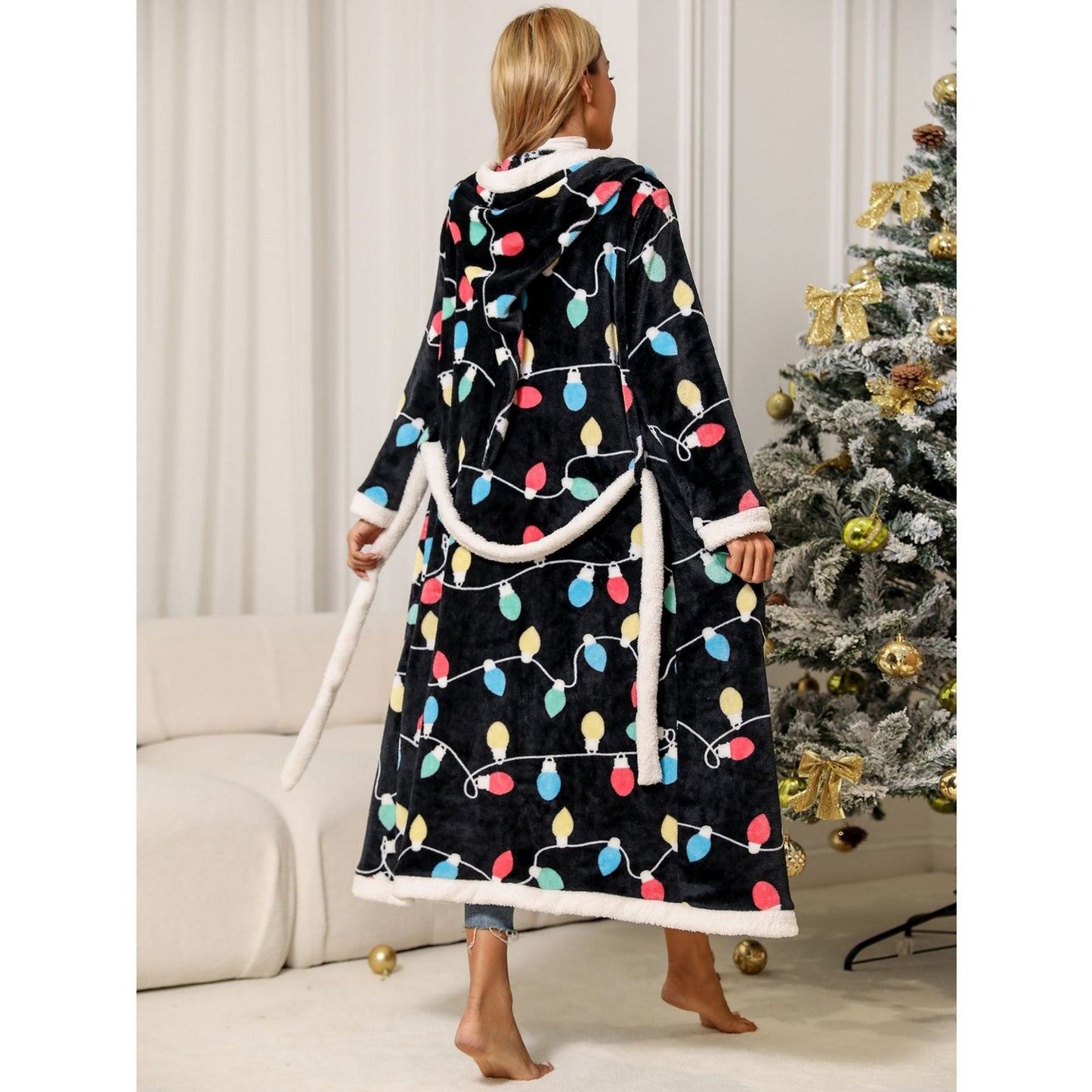 Sparkling Fleece Autumn Winter Women���s Long Sleeve Long Pants Home Casual Breathable Hooded Flannel Christmas Robe Suit