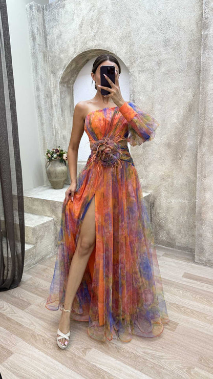 Elegant and beautiful chiffon floral pleated single shoulder sleeve slit long skirt for family