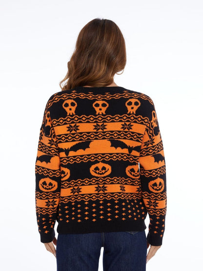Suéter de punto con cuello redondo y estampado de calabaza de Halloween 