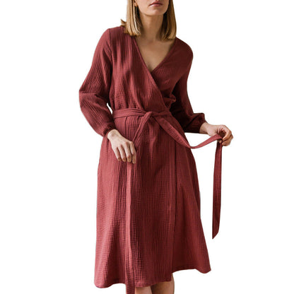 Spring Cotton Gauze Long Sleeves Dress French Office Waist-Tight Placket Bandage Dress