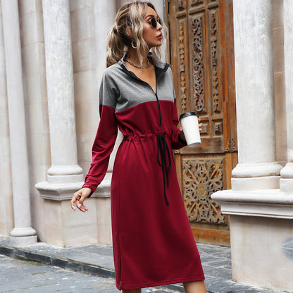 Spring Autumn Women Clothing Contrast Color Slim Fit Dress Waist Controlled Lace up Split Mid Length
