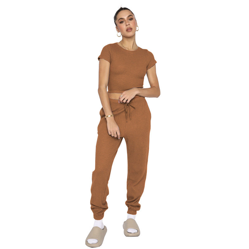 Spring Summer Solid Color Waffle round Neck Short Sleeve Women Clothing Casual Trousers Sets