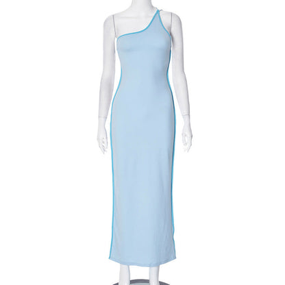 Women Clothing Spring Summer Contrast Color Diagonal Collar One Shoulder Backless Lace up Sexy Sheath Dress Women