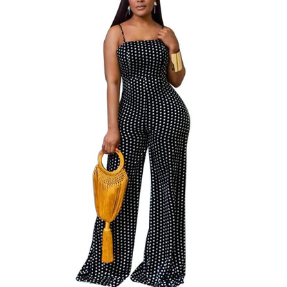 Women Wear Spot Print Chest Wrapped Suspender Jumpsuit
