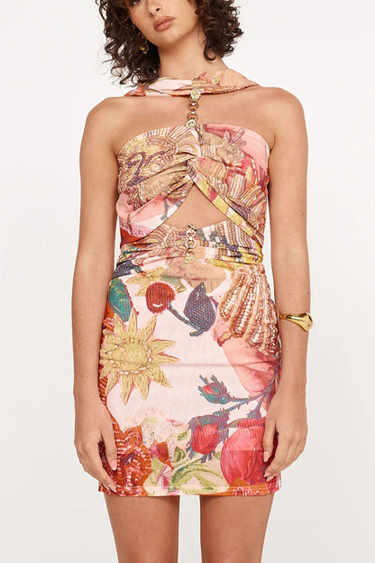 Geneva Mesh Rosette Hardware Cutout Ruched Stretch Mini Dress