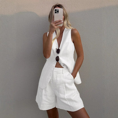Cotton Linen Vest Shorts Set Summer Office Vest Shorts Set Casual Women