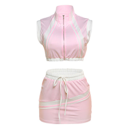 Spring Summer Women Sexy Cropped Zipper Top Slim Fit Hip Wrapped Short Skirt Set Women