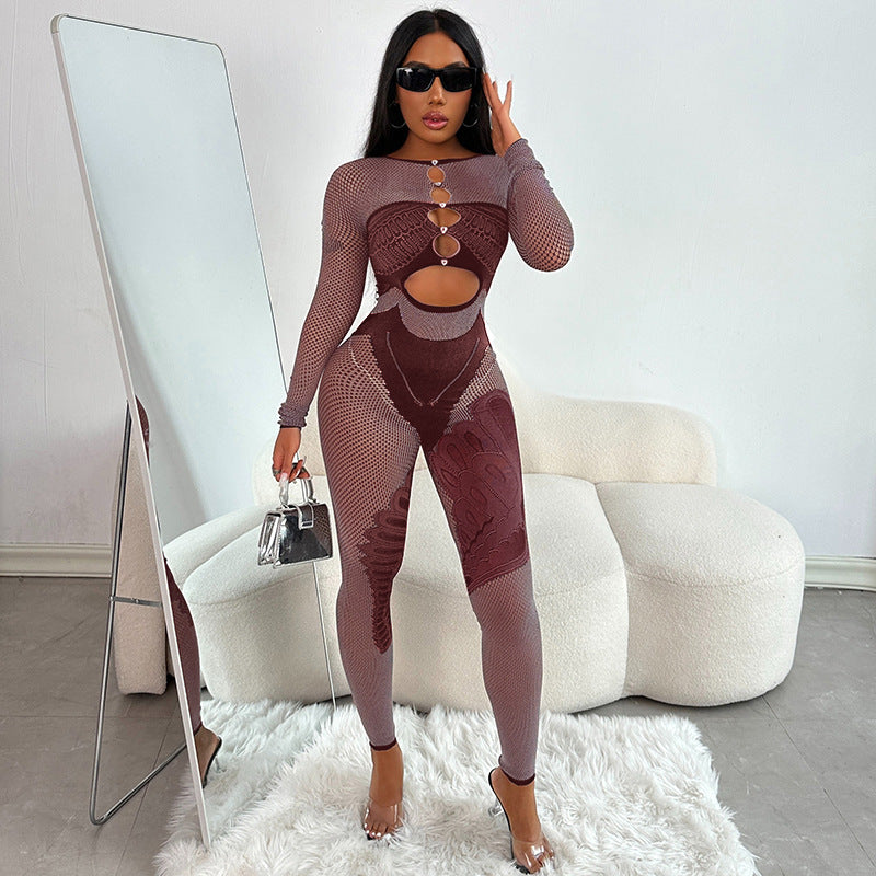 Women Clothing Solid Color Tight Rhinestone Slim Fit Long Sleeved Trousers Contrast Color One Piece Trousers