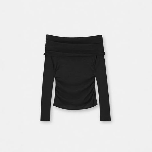 Sexy Strapless Long Sleeve T shirt Solid Color Elegant Sexy Slim Fit Crop Top