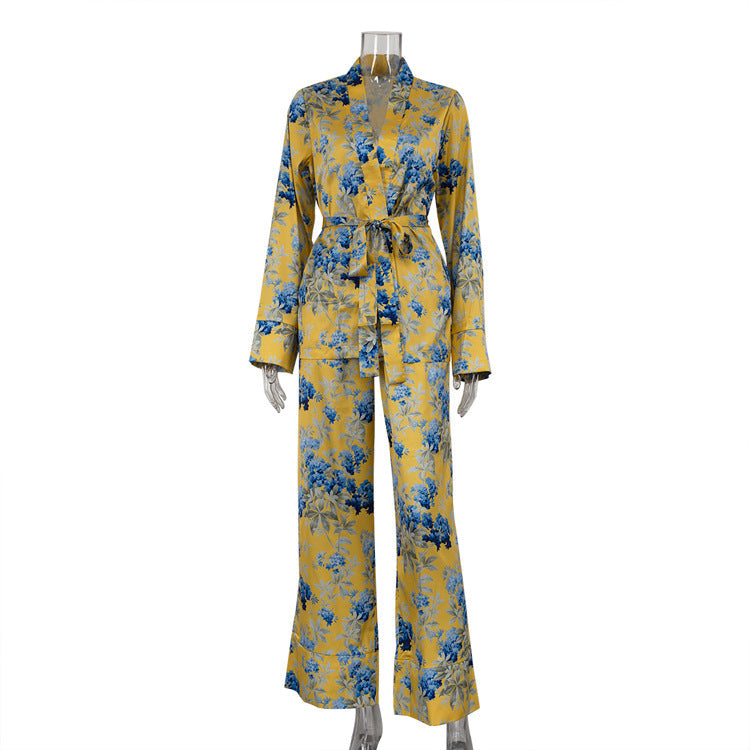 Autumn Winter Satin Printed Long Sleeve Lace up Two Piece Set High Waist Wide Leg Pants Set