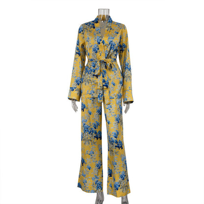 Autumn Winter Satin Printed Long Sleeve Lace up Two Piece Set High Waist Wide Leg Pants Set