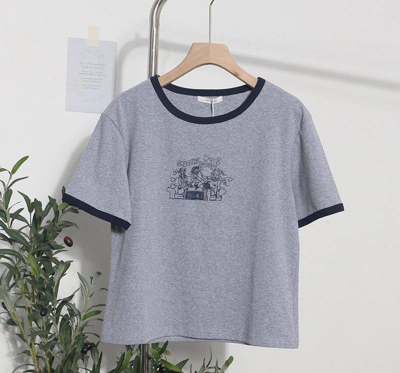 Real Shot Loose Slimming Printed round Neck Contrast Color Short Sleeve Casual Bottoming Shirt Top T shirt