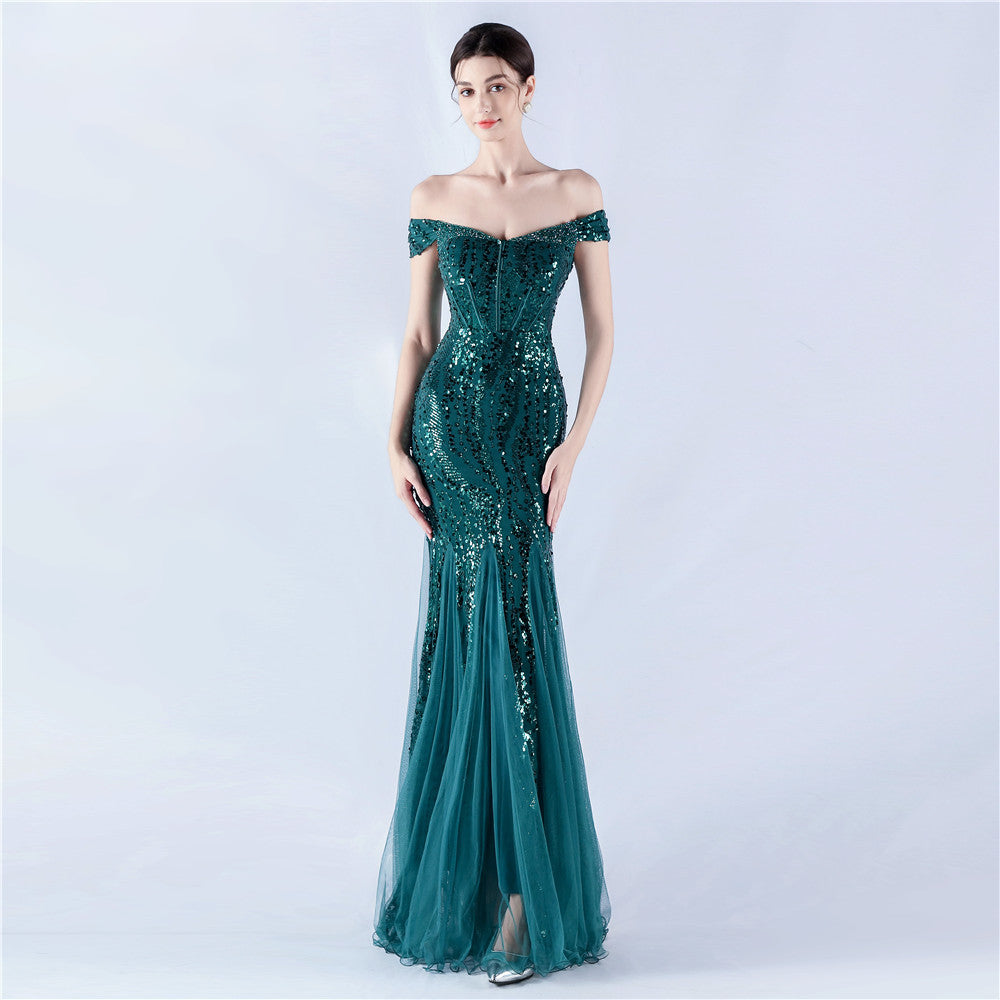 Dress Craft Beaded Mesh Sequin Evening Dress Annual Meeting Performance Host
