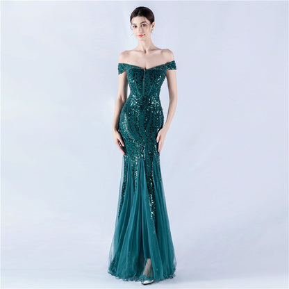 Dress Craft Beaded Mesh Sequin Evening Dress Annual Meeting Performance Host