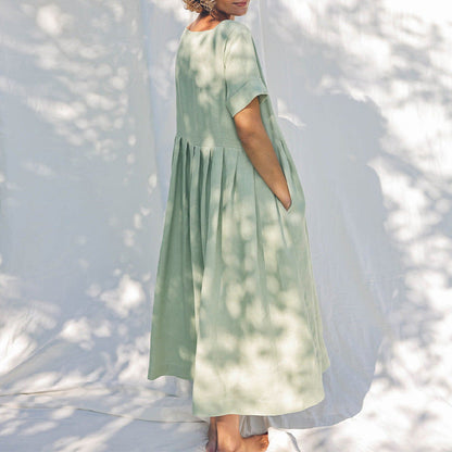 Square Collar Cotton Linen Dress Short Sleeve Women Clothing Summer Nordic Niche Loose Mid Length