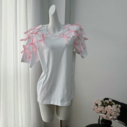 Cute Girl Ribbon Bow Loose Short Sleeve T shirt Loose Cotton Casual Top