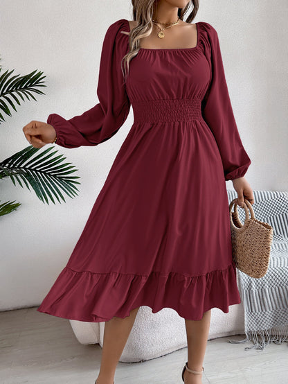 Spring Summer Casual Solid Color Square Collar Long Sleeve Waist Trimming Ruffles A line Dress Women Clothing