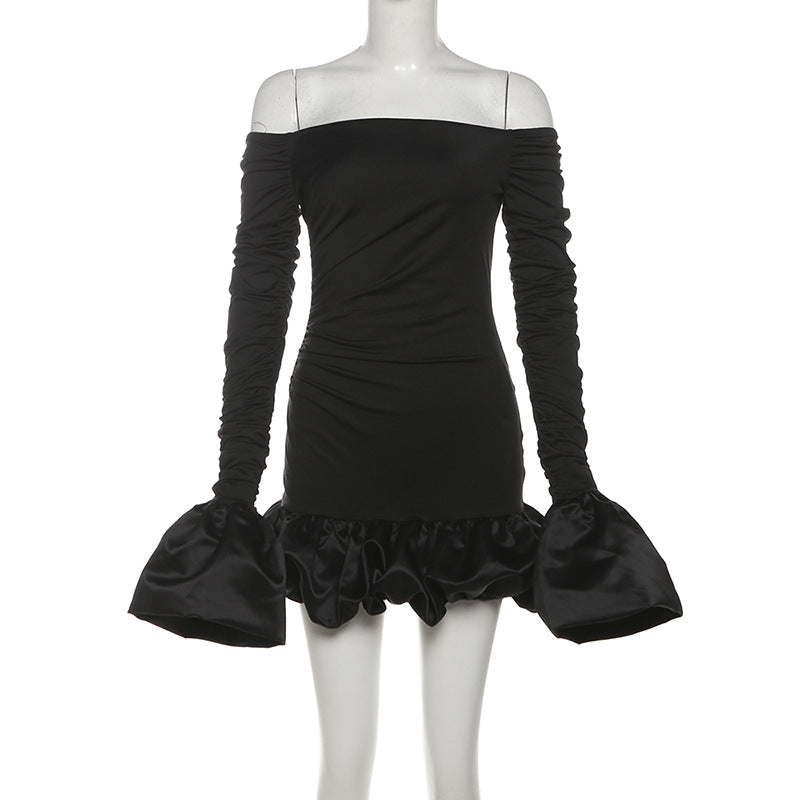 Winter Women Clothing Sweet Fresh off Neck Tube Top Puffed Sleeves Pleated Short Dress