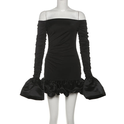 Winter Women Clothing Sweet Fresh off Neck Tube Top Puffed Sleeves Pleated Short Dress