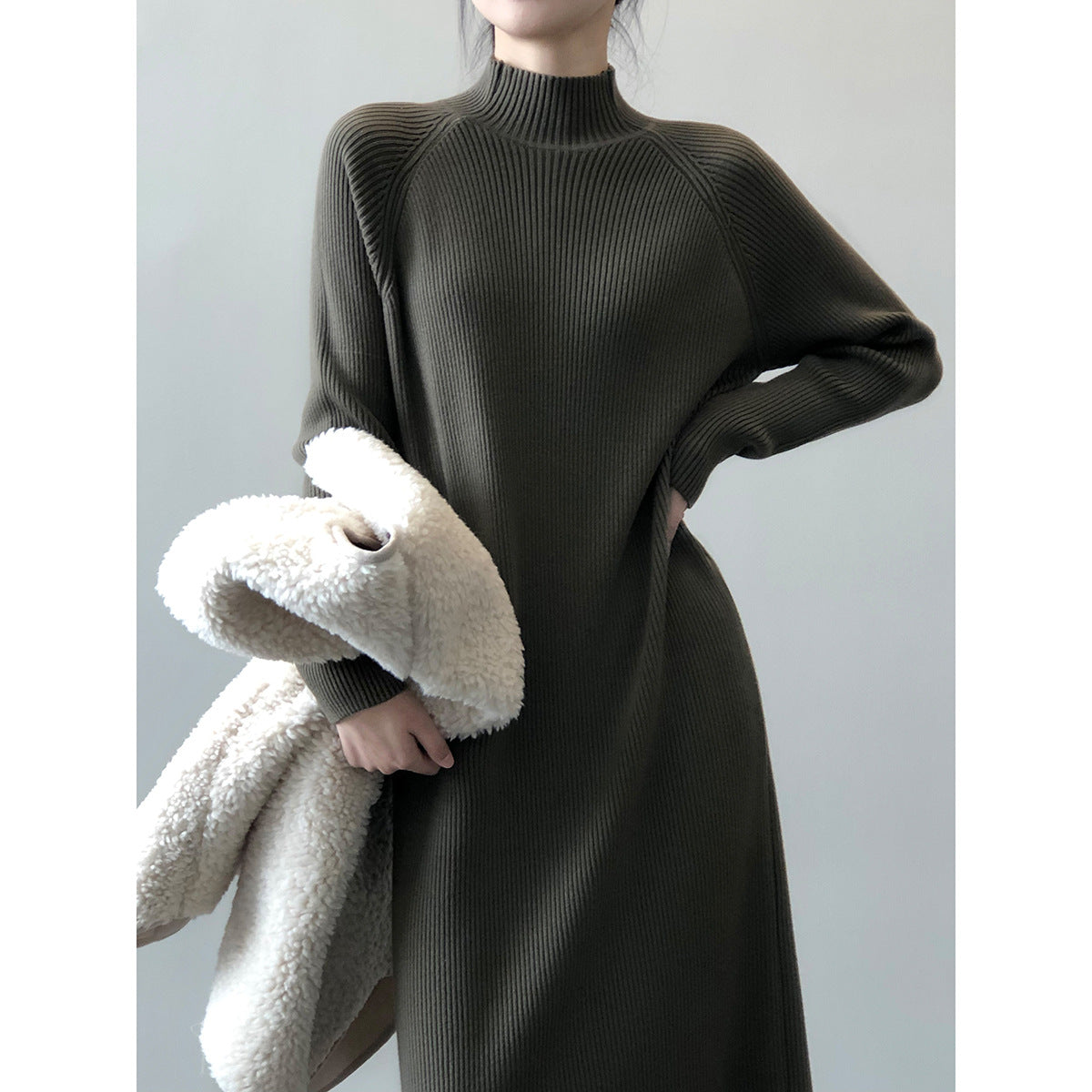 Knitted Dress Women Winter Half Turtleneck Bottoming Sweater Mid Length Overknee Dress