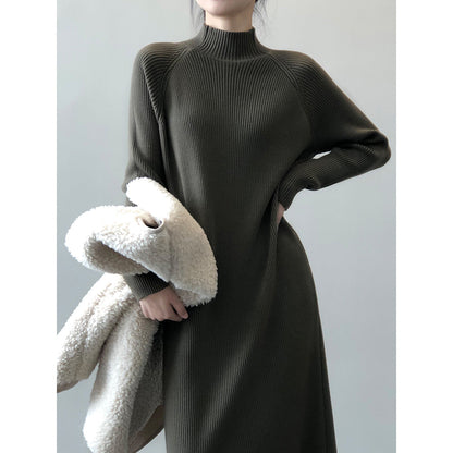 Knitted Dress Women Winter Half Turtleneck Bottoming Sweater Mid Length Overknee Dress