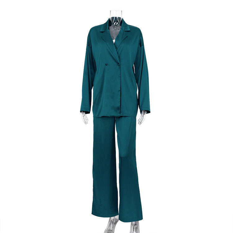 Casual Green Satin Suit Two Piece Set Western Women Clothing High End