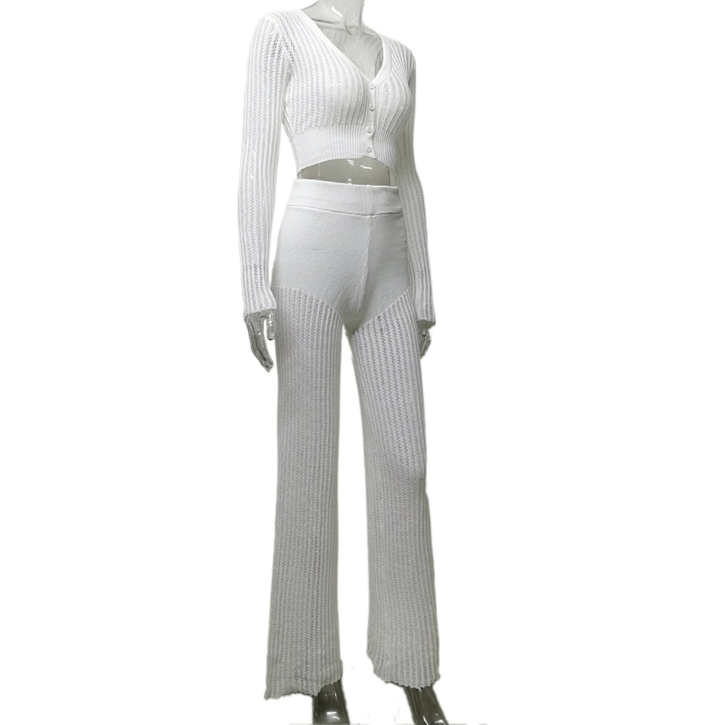 Autumn Winter Knitting Suit Women Clothing See through Casual Solid Color Hollow Out Cutout High Waist Trousers Office Suit