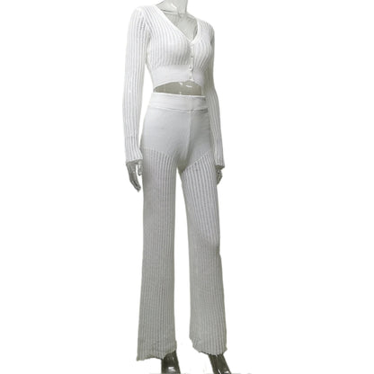 Autumn Winter Knitting Suit Women Clothing See through Casual Solid Color Hollow Out Cutout High Waist Trousers Office Suit