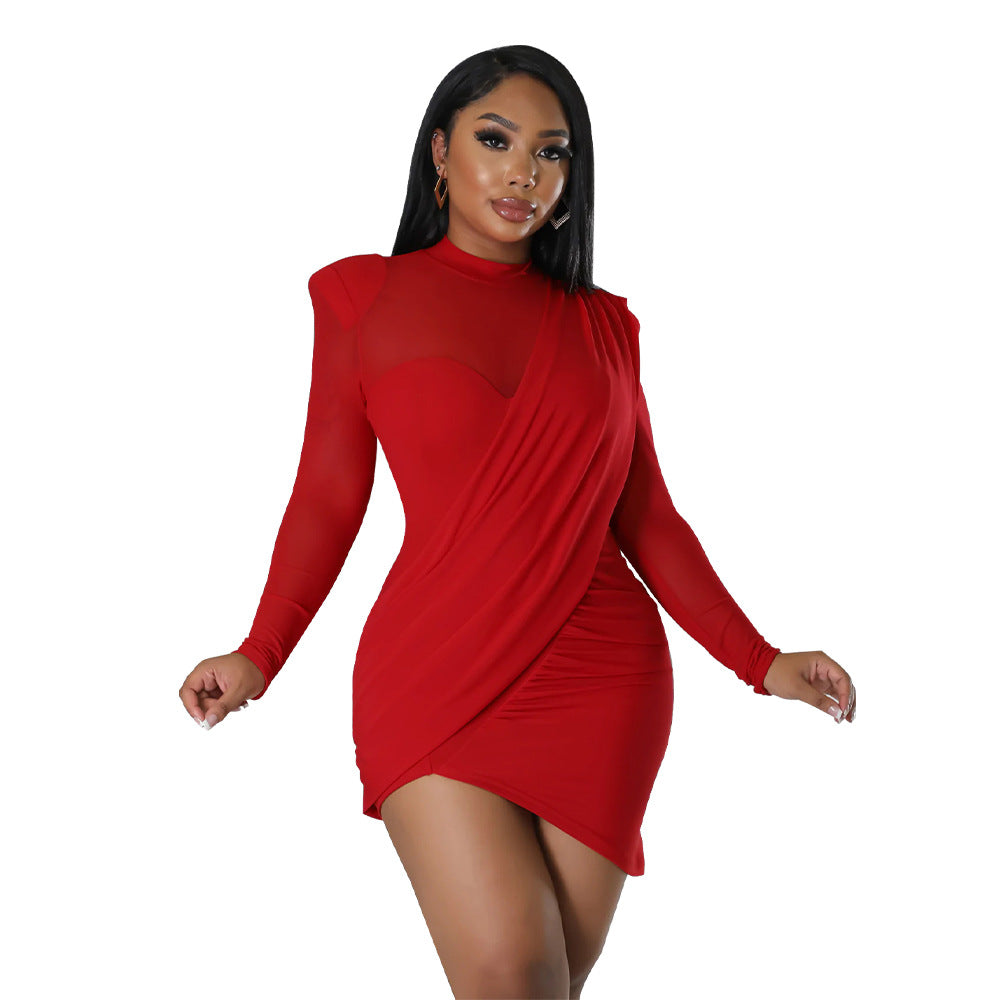 Women Mesh Stitching See-through Patch Waist Dress